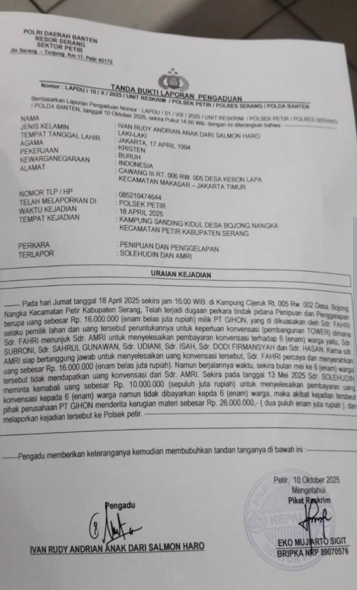 Skandal Besar Dugaan Penipuan dan Penggelapan Dana Konsensi Tower Mengguncang Kec. Petir Kab. Serang
